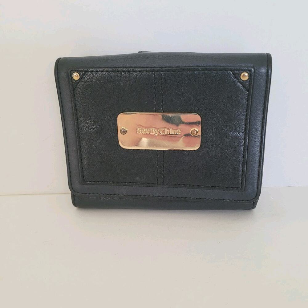 See By Chloe Card Bill Coin Wallet Logo Medium Leather Black Compact Designer